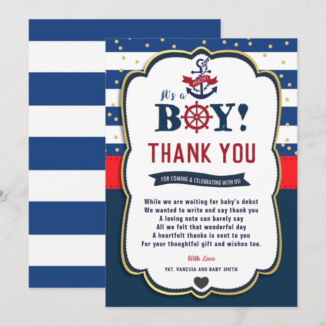 Nautical Ahoy Red Navy Baby Shower - tack för ditt Inbjudningar (Fram/baksida)