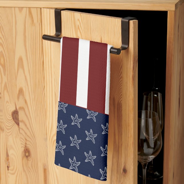 Nautical American Flagga Rött vitt blått Starfish  Kökshandduk (Thirds Fold)