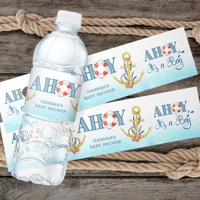 Nautical Anchor Ahoy är en pojkvän. Vattenflaska Etikett (Water Bottle labels from my Ahoy it's a boy Nautical Baby Shower collection)