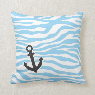 Nautical Anchor; Baby blue Zebra Animal Print Kudde