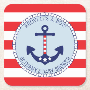 Nautical Anchor Baby Shower Boy Patriotic Underlägg Papper Kvadrat