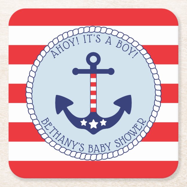 Nautical Anchor Baby Shower Boy Patriotic Underlägg Papper Kvadrat (Framsidan)