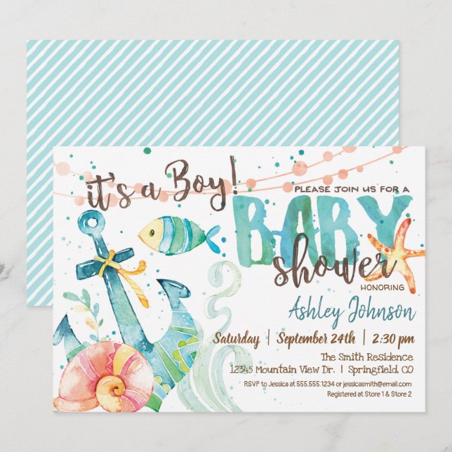 Nautical Anchor Baby Shower-inbjudan, Boy Inbjudningar (Fram/baksida)