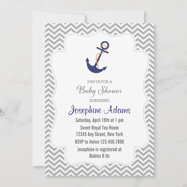 Nautical Anchor Baby Shower-inbjudan, Grått Inbjudningar (Framsida)