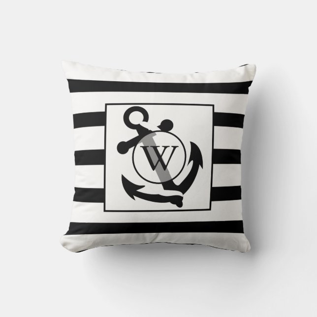 Nautical Anchor Black and White Monogram Rand Kudde (Framsida)