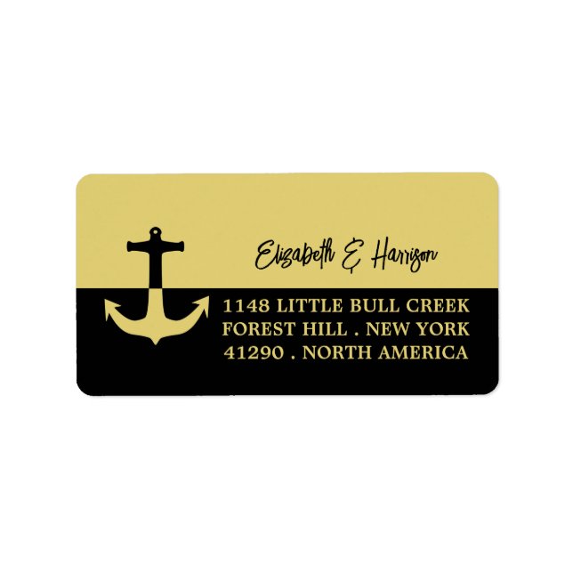 Nautical Anchor - Black Guld - Beach Wedding Adressetikett (Framsidan)