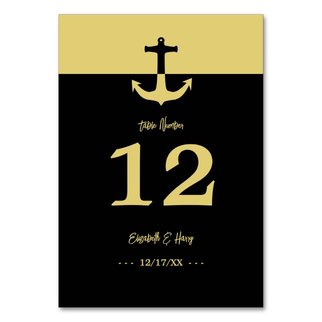 Nautical Anchor - Black Guld - Beach Wedding Bordsnummer (Framsidan)