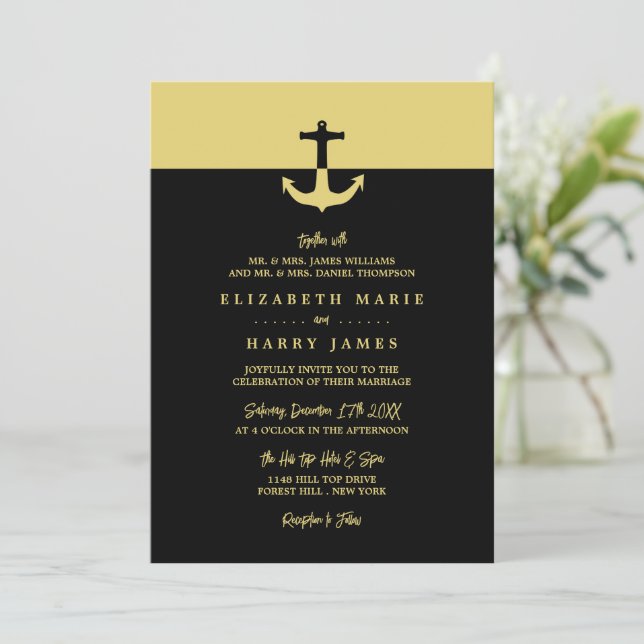 Nautical Anchor - Black Guld - Beach Wedding Inbjudningar (Stående Fram)