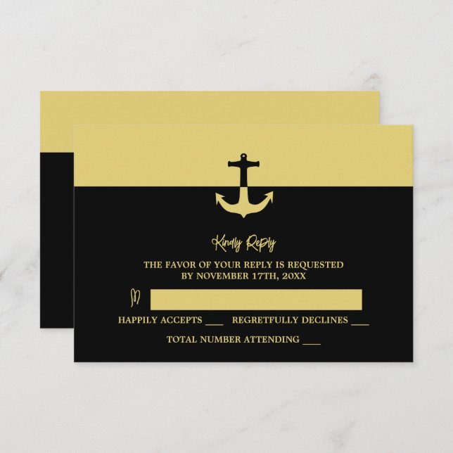 Nautical Anchor - Black Guld - Beach Wedding OSA Kort (Fram/baksida)