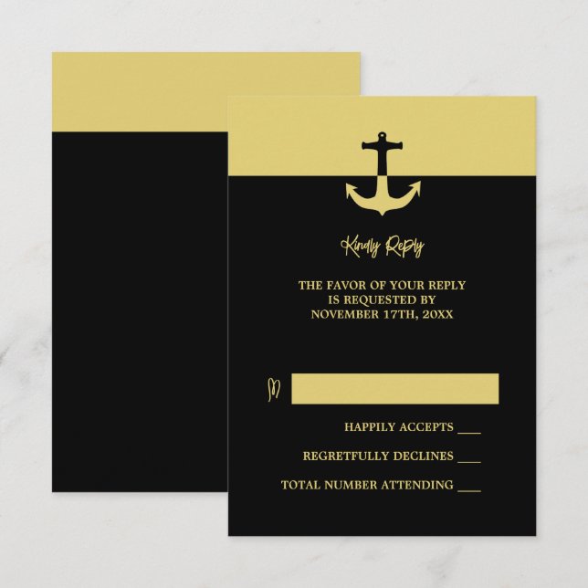 Nautical Anchor - Black Guld - Beach Wedding OSA Kort (Fram/baksida)