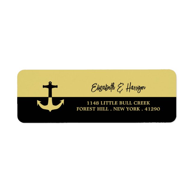 Nautical Anchor - Black Guld - Beach Wedding Returadress Etikett (Framsidan)