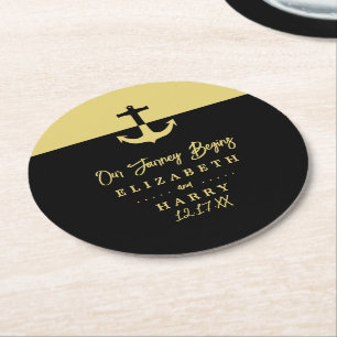 Nautical Anchor - Black Guld - Beach Wedding Underlägg Papper Rund
