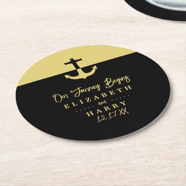 Nautical Anchor - Black Guld - Beach Wedding Underlägg Papper Rund (Vinklad)