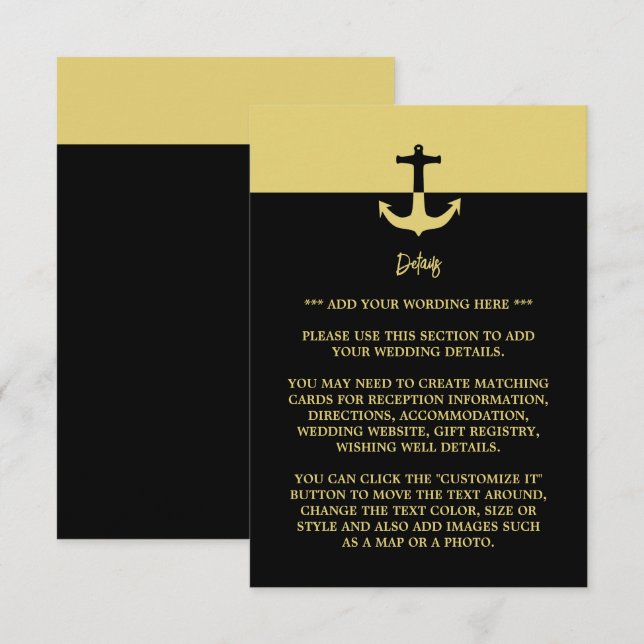 Nautical Anchor - Black Guld - Bröllop Detail Tilläggskort (Fram/baksida)
