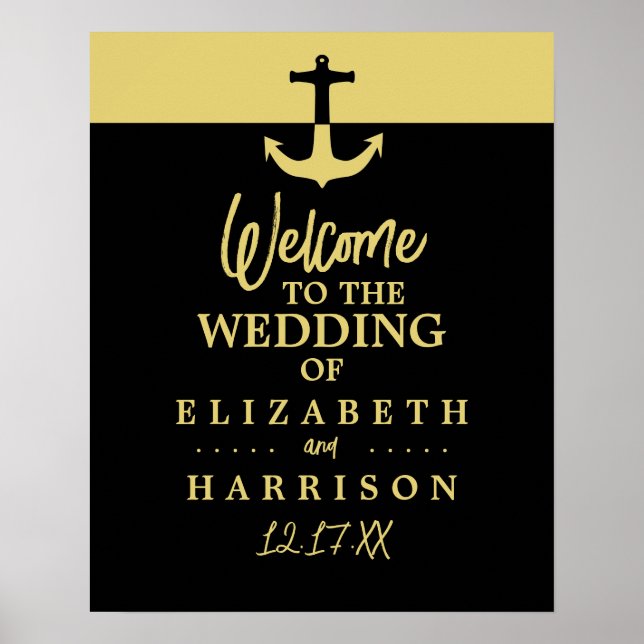 Nautical Anchor, Black Guld, Bröllop Welcome Poster (Framsidan)