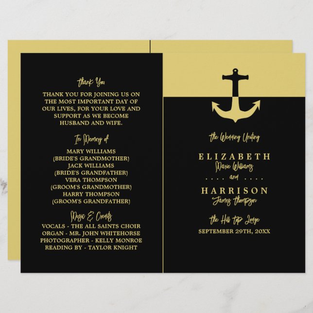 Nautical Anchor - Black Guld - Bröllopsprogrammet (Fram/baksida)