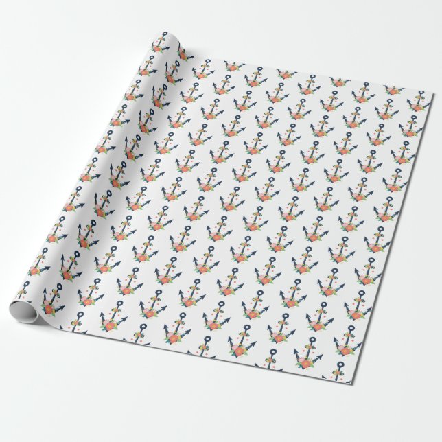 Nautical Anchor Blommig Baby Shower Flicka Party Presentpapper (Utrullad)