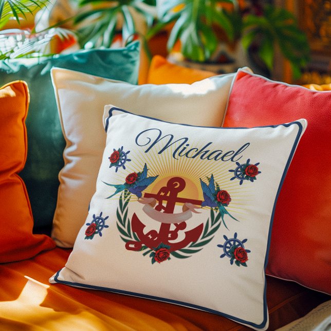 Nautical Anchor Blommigt Red Blue Kudde (Skapare uppladdad)