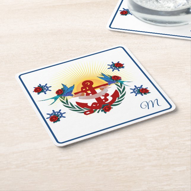 Nautical Anchor Blommigt Red Blue Underlägg Papper Kvadrat (Vinklad)