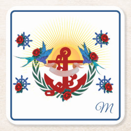 Nautical Anchor Blommigt Red Blue Underlägg Papper Kvadrat