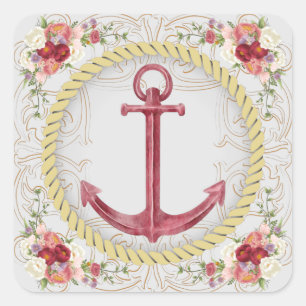 Nautical Anchor & Blommigt Roseate Fyrkantigt Klistermärke