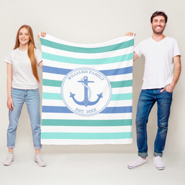 Nautical Anchor Blue Aqua Rand Family Monogram Fleecefilt (På plats)