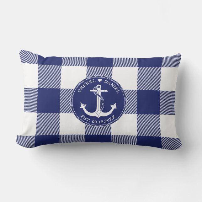 Nautical Anchor Blue Buffalo Plaid Bröllop Lumbarkudde (Framsida)