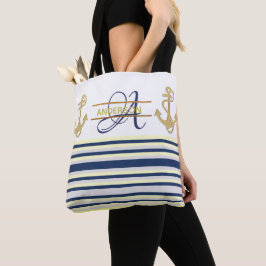 Nautical Anchor Blue Guld MONOGRAM Tote bags Tygkasse