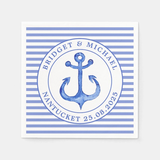 Nautical Anchor Blue Stripe Personlig Bröllop Pappersservett (Framsidan)