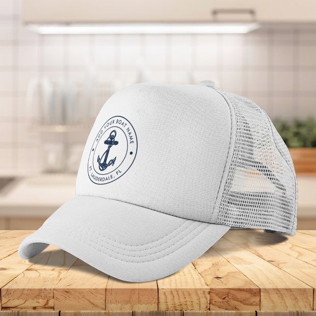 Nautical Anchor Boat Namn - blå Anpassningsbar Keps (Nautical Anchor Boat Name Navy Blue Custom Trucker Hat)