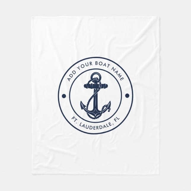 Nautical Anchor Boat Namn Navy Blue Boating Anpass Fleecefilt (Framsidan)