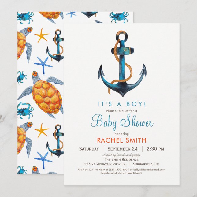 Nautical Anchor Boy Shower-inbjudan Inbjudningar (Fram/baksida)