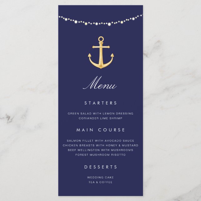 Nautical Anchor Bröllop Menu Navy Blue Guld Meny (Framsida)
