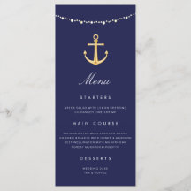 Nautical Anchor Bröllop Menu Navy Blue Guld
