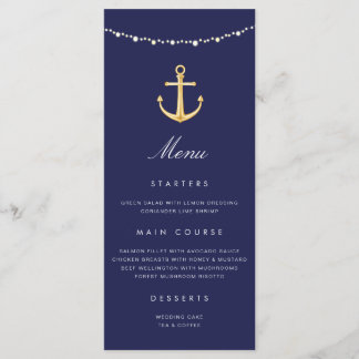 Nautical Anchor Bröllop Menu Navy Blue Guld Meny