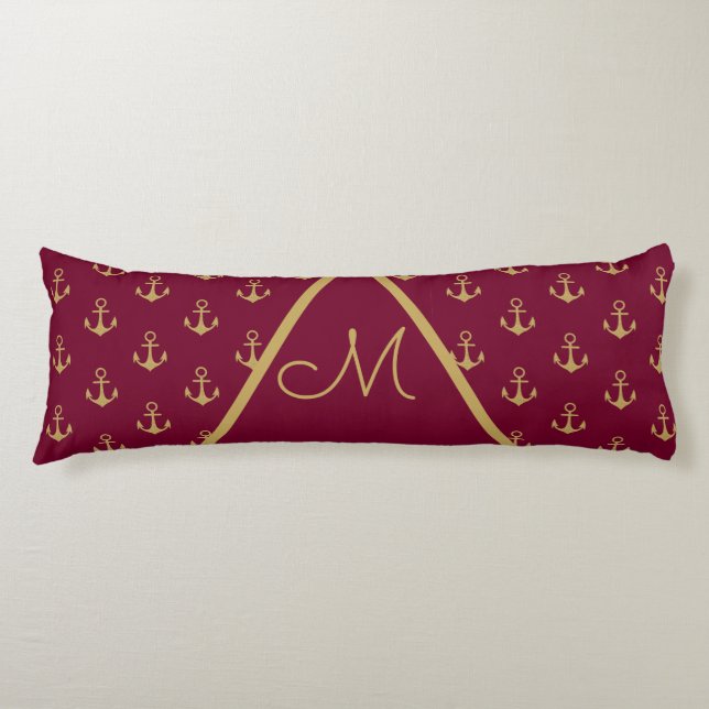 Nautical Anchor Burgundy Red Monogram Kroppskudde (Framsidan)