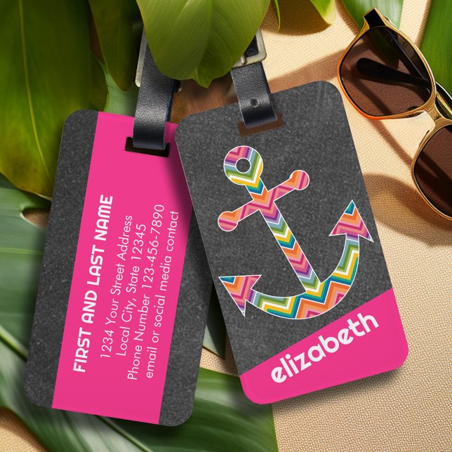 Nautical Anchor Chalkboard med Bright Chevrons Bagagebricka (Personalized Luggage Tag)