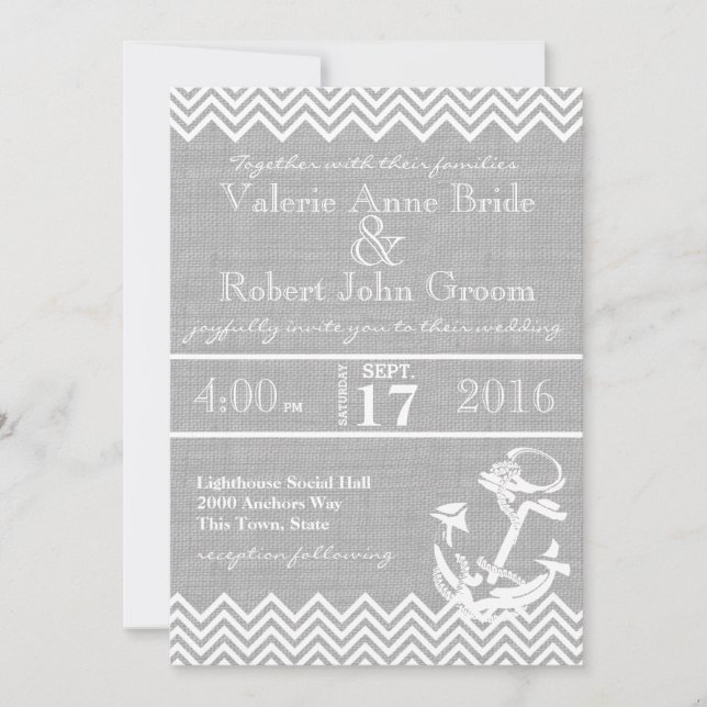 Nautical Anchor Chevron Beach Wedding Inbjudningar (Framsida)