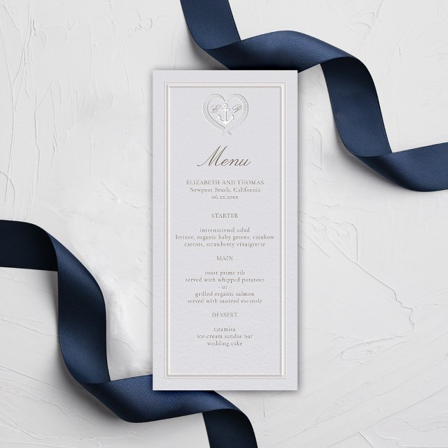 Nautical Anchor Coastal Rope Vapensköld Formal Brö Meny (nautical wedding menu card classic formal traditional frame faux embossed anchor crest monograms)