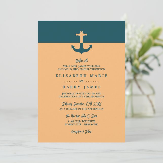 Nautical Anchor - Coral Blue - Beach Wedding Inbjudningar (Stående Fram)