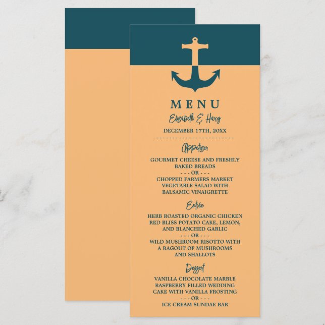 Nautical Anchor - Coral Blue - Beach Wedding Meny (Fram/baksida)