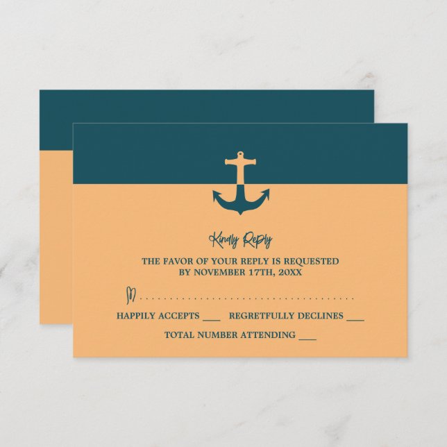 Nautical Anchor - Coral Blue - Beach Wedding OSA Kort (Fram/baksida)