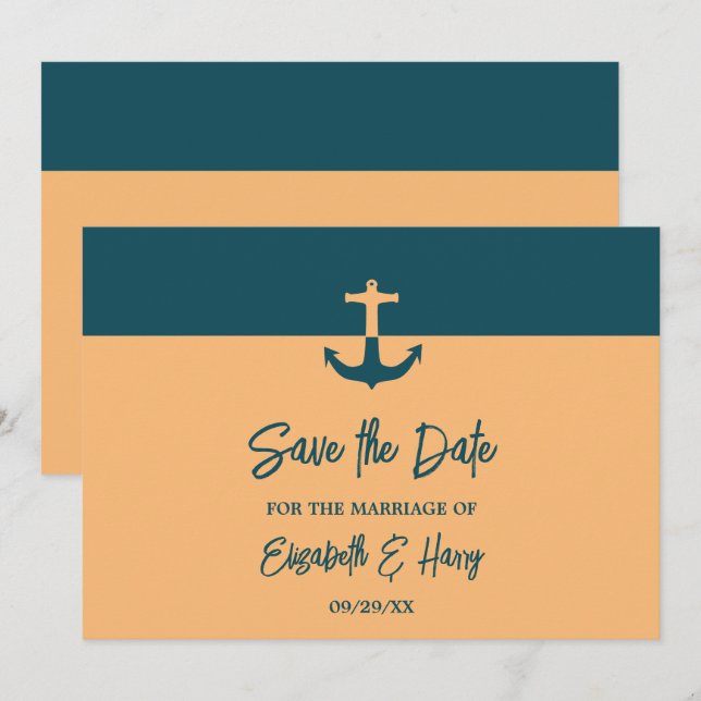 Nautical Anchor - Coral Blue - Beach Wedding Spara Datumet (Fram/baksida)