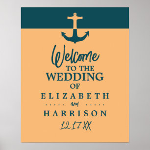 Nautical Anchor, Coral Blue, Bröllop Welcome Poster
