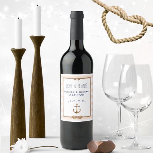 Nautical Anchor Coral & White Event Bröllop 🍷 ⚓️ Vinflaska Etikett (Nautical Love & Thanks Wedding Wine Bottle Labels with Soft Coral Nautical Stripes & Infinity Knot)