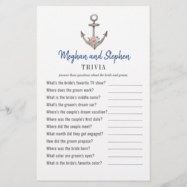 Nautical Anchor Couples Shower Trivia-spel (Framsida)