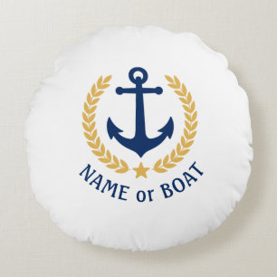 Nautical Anchor Din Boat Namn Guld Laurel White Rund Kudde