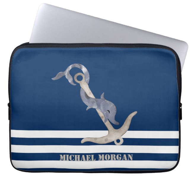 Nautical Anchor Dolphin Navy Blue Rand Sailor Laptop Fodral (Framsidan)