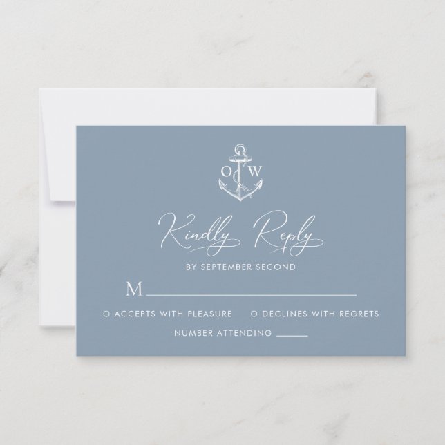 Nautical Anchor Dusty Blue Monogram Bröllop OSA Kort (Framsida)