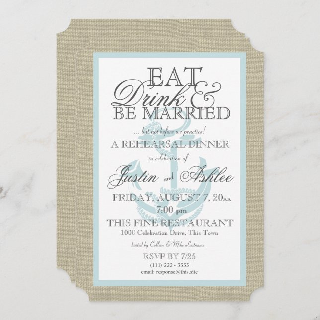 Nautical Anchor Eat Drink Married Rehearsal Dinner Inbjudningar (Fram/baksida)